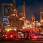 petrochemical infrastructure attack damage visible at refinery complex in Saudi Arabia