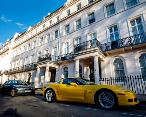 Houses and cars are seen in Eaton Square in Belgravia, London