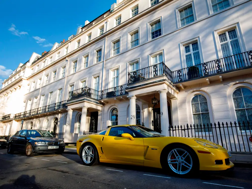 Houses and cars are seen in Eaton Square in Belgravia, London