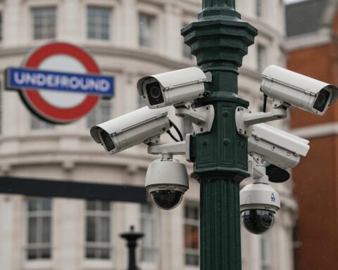London AI security monitoring cameras operating in crowded urban areas