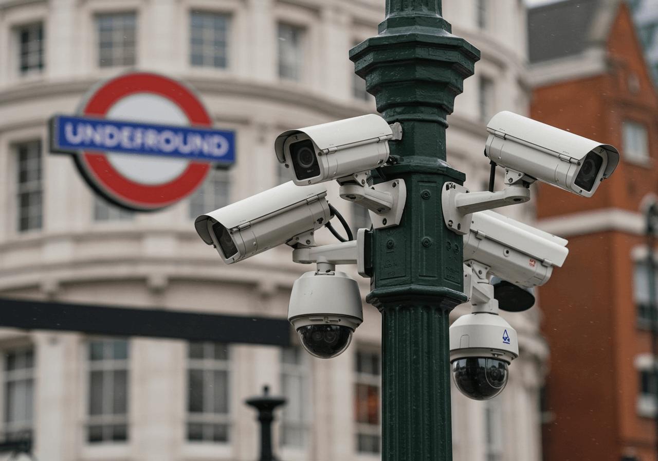 London AI security monitoring cameras operating in crowded urban areas