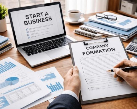 Entrepreneur completing documents to register limited company online in the UK