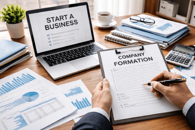Entrepreneur completing documents to register limited company online in the UK