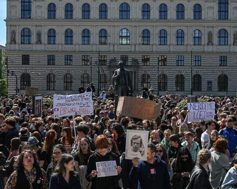 European democracy supporters march during public media funding protest in Prague Czech Republic 2026European democracy supporters march during public media funding protest in Prague Czech Republic 2026