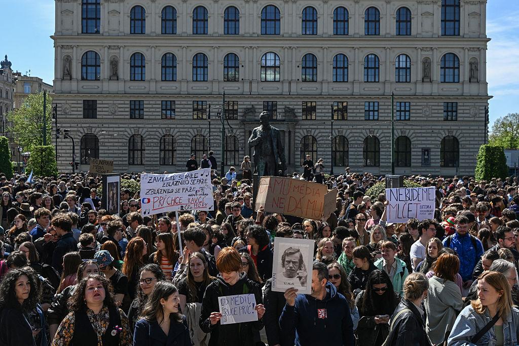 European democracy supporters march during public media funding protest in Prague Czech Republic 2026European democracy supporters march during public media funding protest in Prague Czech Republic 2026