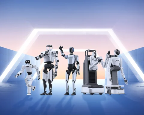 Humanoid robot performance at Lunar New Year 2026 Beijing featuring synchronized AI dance under red lantern stage lighting