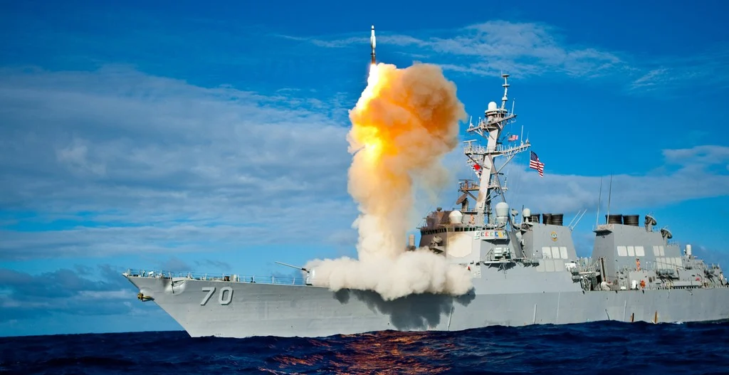 Mediterranean military strike missile interception over naval vessel
