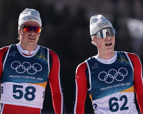 Norway cross country skiing team celebrating Olympic gold medal victory
