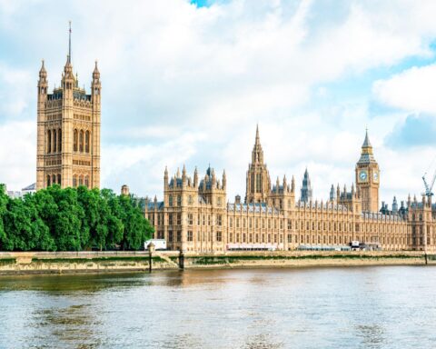 UK Parliament news coverage outside Westminster in London during 2026