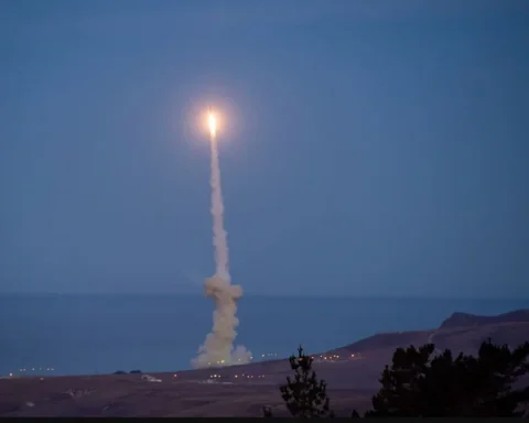 Middle East missile defense interceptor trail visible above Gulf city skyline