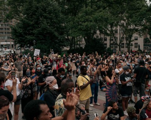 US foreign policy protests crowd demonstration in New York with activists gathering