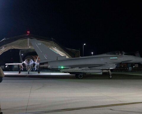 RAF Typhoon fighter jet deployed as part of UK Middle East defense operations near Bahrain in 2026