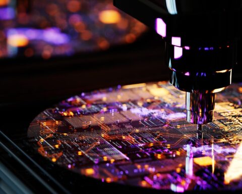 Advanced AI chip manufacturing plant producing next-generation processors