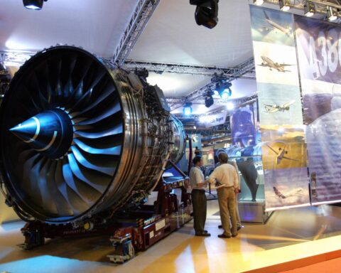 Rolls Royce aircraft engines undergoing maintenance and inspection