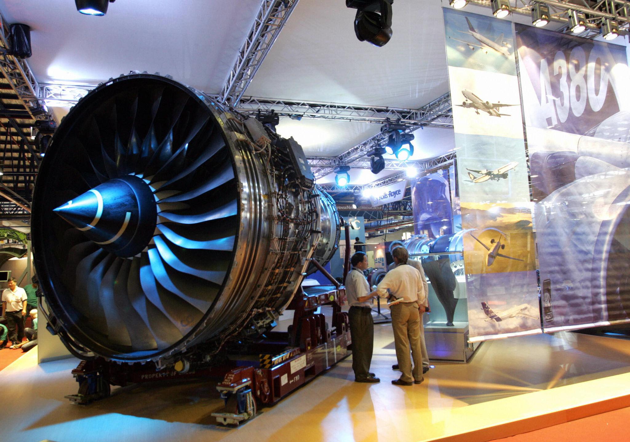 Rolls Royce aircraft engines undergoing maintenance and inspection