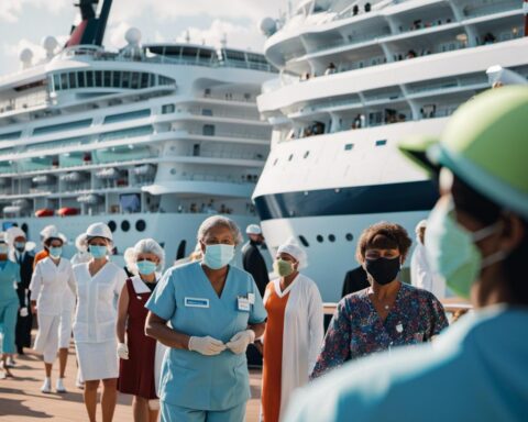 Medical teams conducting passenger screenings during maritime health emergency