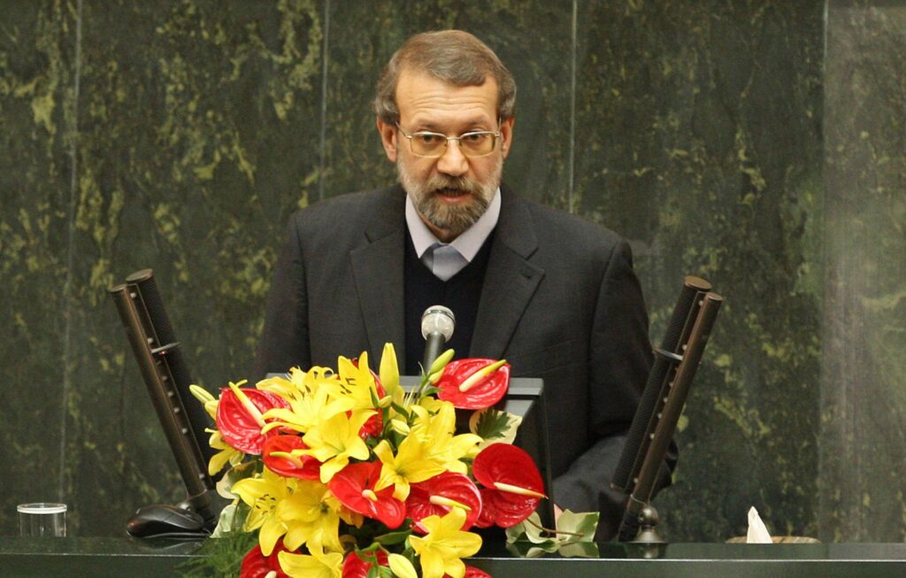 Ali Larijani speaking in Tehran amid Epstein network controversy debate
