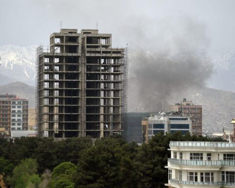 Pakistan air strike on Kabul causing explosion and smoke over city skyline in 2026