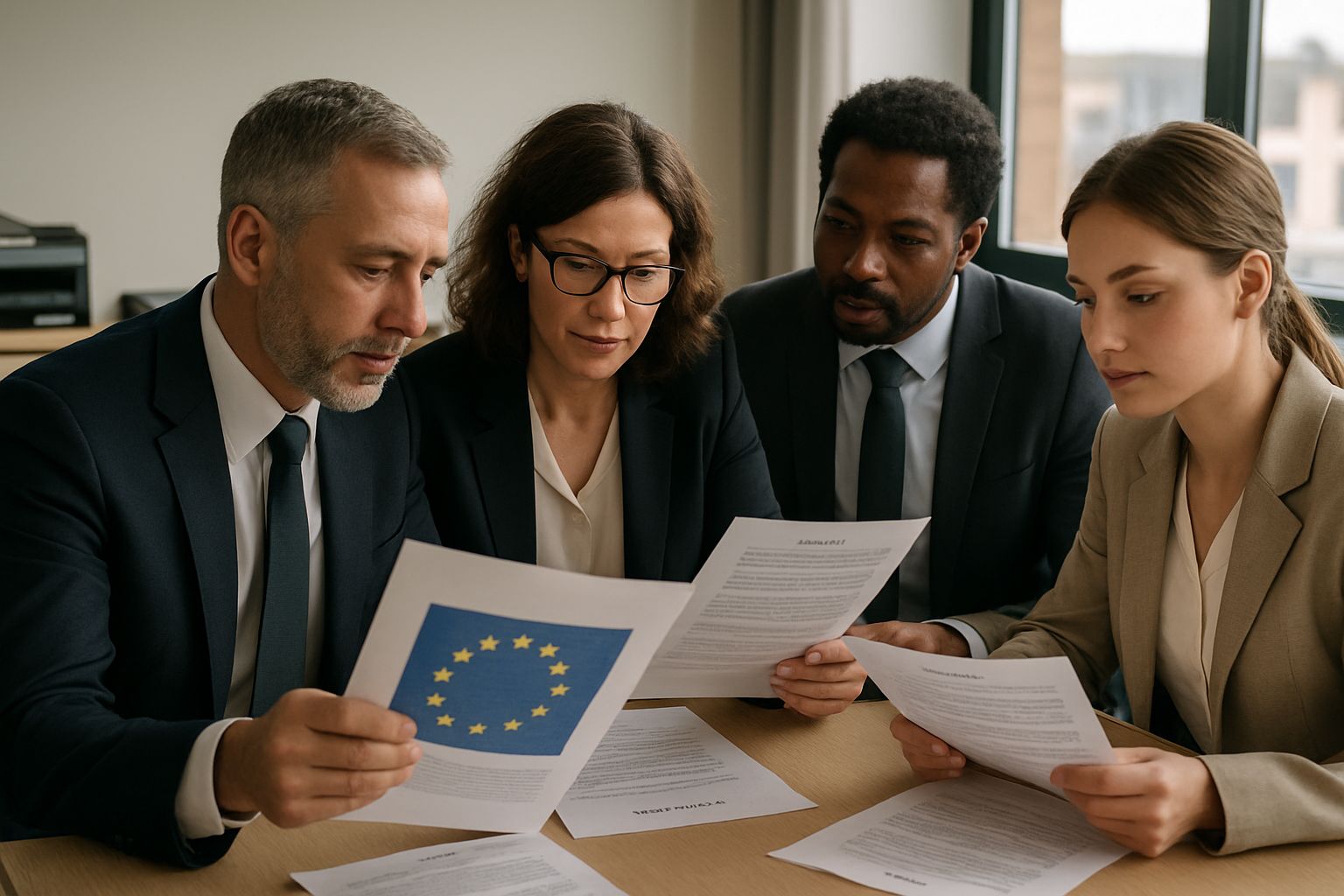 AI Generated Video Regulation Enters New Era Beijing 2026 3 Media executives discussing AI generated video regulation and intellectual property safeguards in corporate meeting