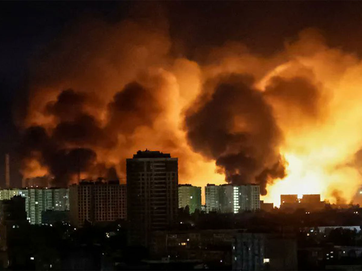 missile strikes Ukraine causing explosions over Kyiv skyline in 2026